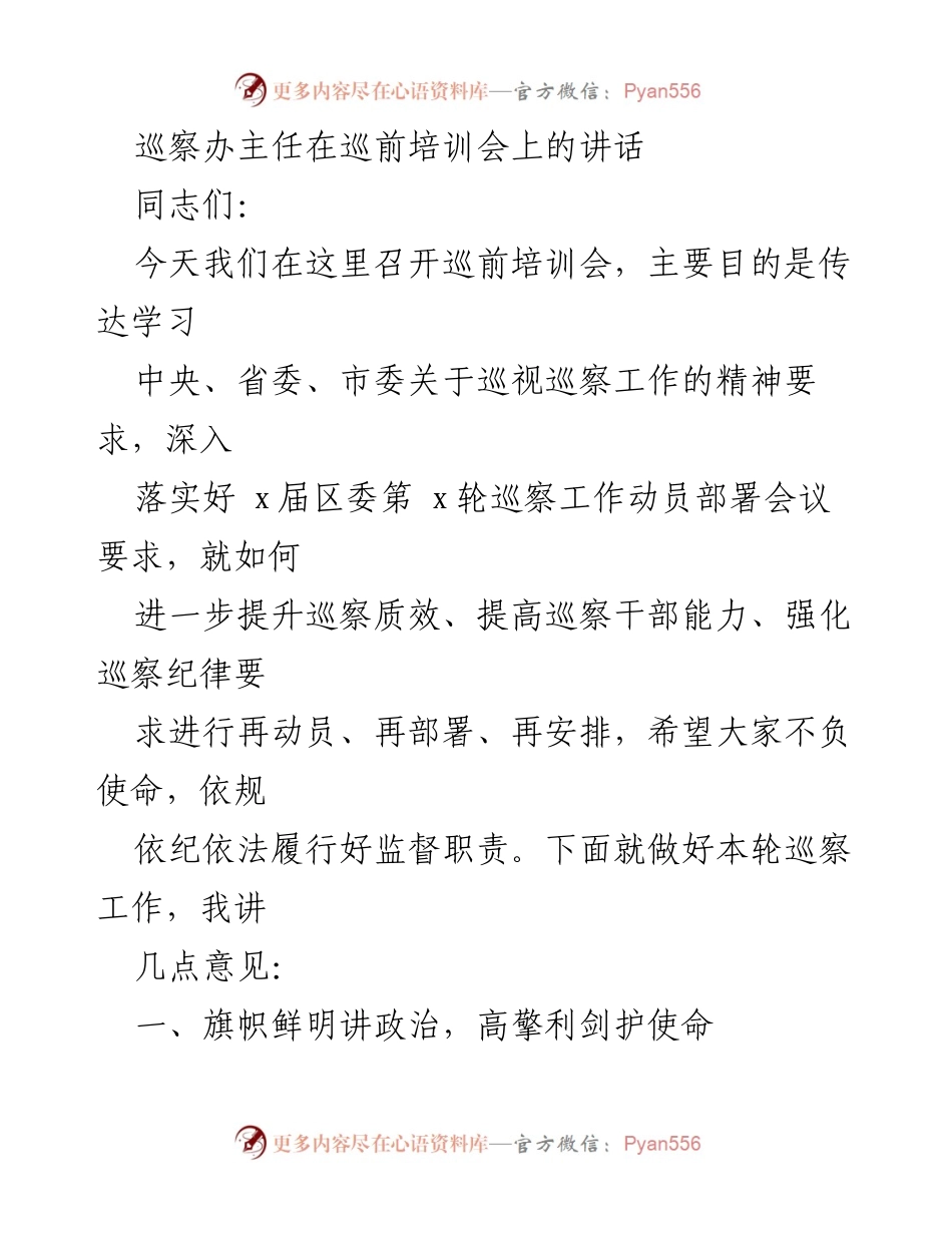 [发言] 巡前培训会 - 提升巡察质效，强化监督责任.docx_第1页