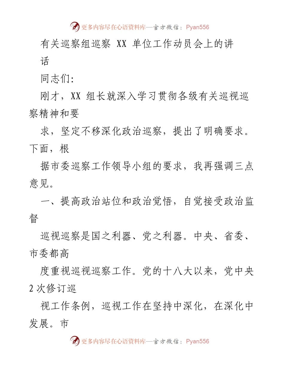 [发言] 巡察工作动员会 - 提高政治站位，深化巡察工作的重要性_1.docx_第1页