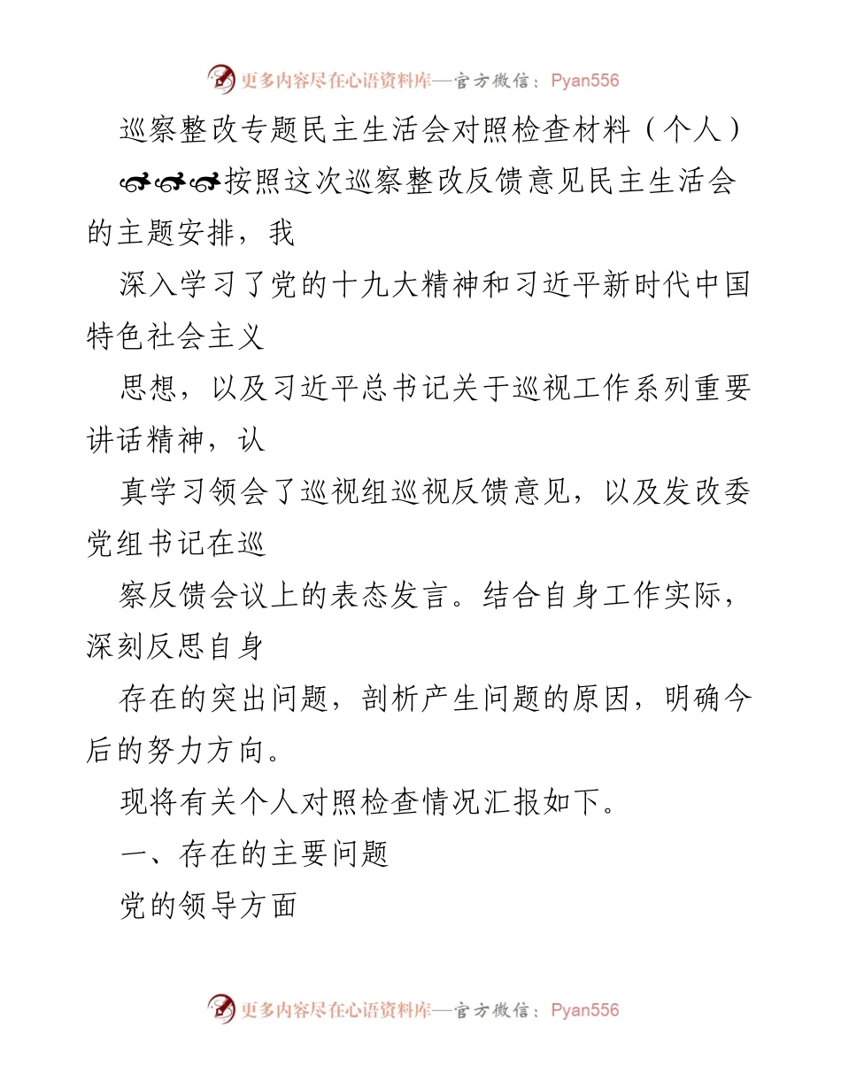 [发言] 巡察整改专题民主生活会 - 个人对照检查及反思报告.docx_第1页