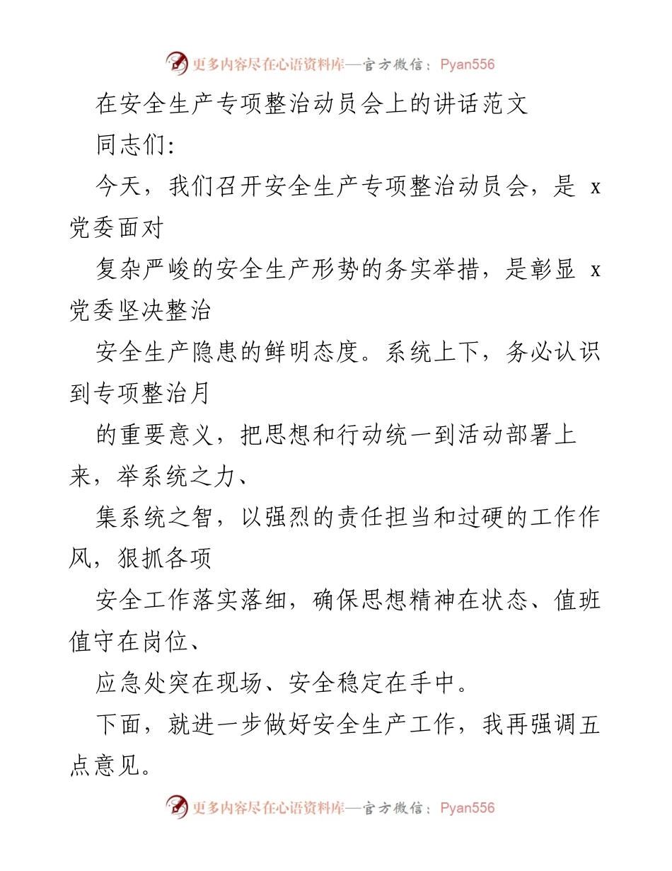 [发言] 安全生产专项整治动员会 - 强化安全生产责任，确保隐患整治落实.docx_第1页