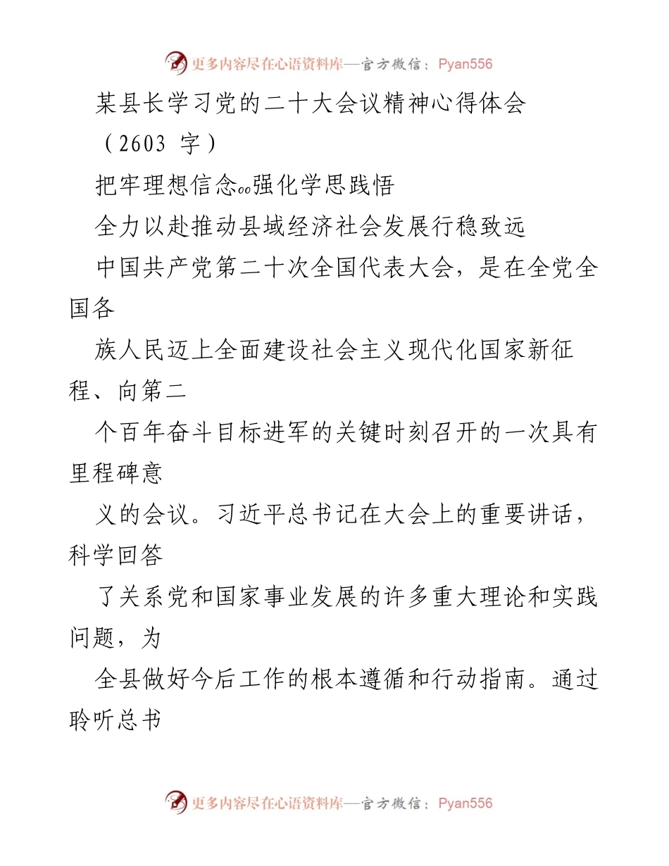 [发言] 学习会议精神 - 深刻领会党的二十大精神，推动县域经济社会发展.docx_第1页