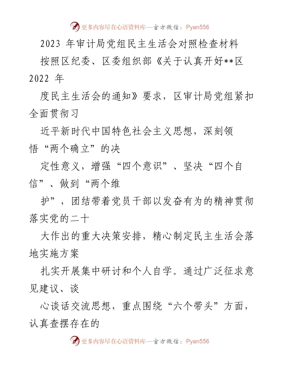 [发言] 审计局党组民主生活会 - 2023年审计局党组民主生活会对照检查及整改措施.docx_第1页