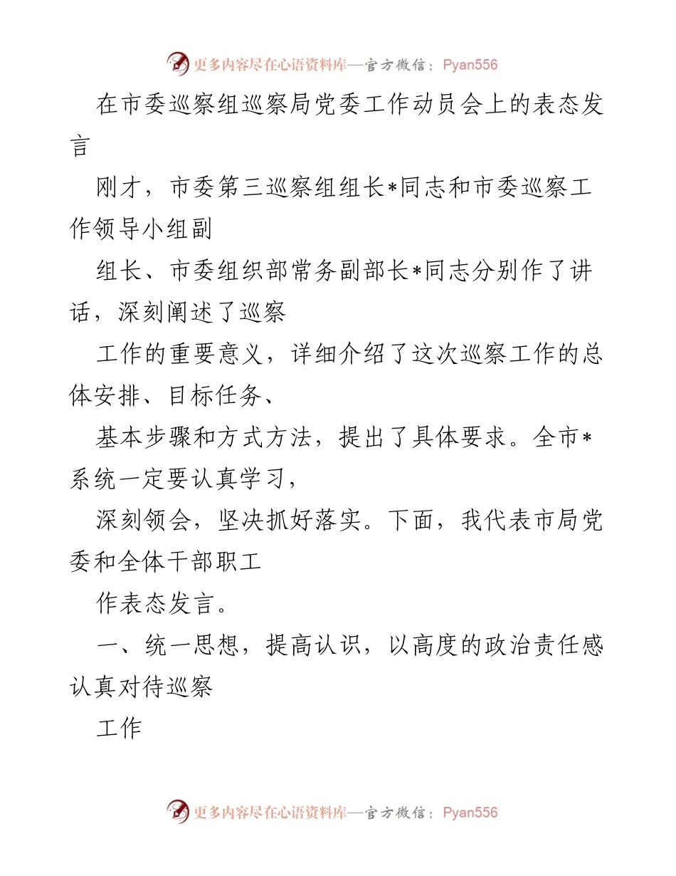 [发言] 巡察工作动员会 - 加强政治责任，支持巡察工作.docx_第1页