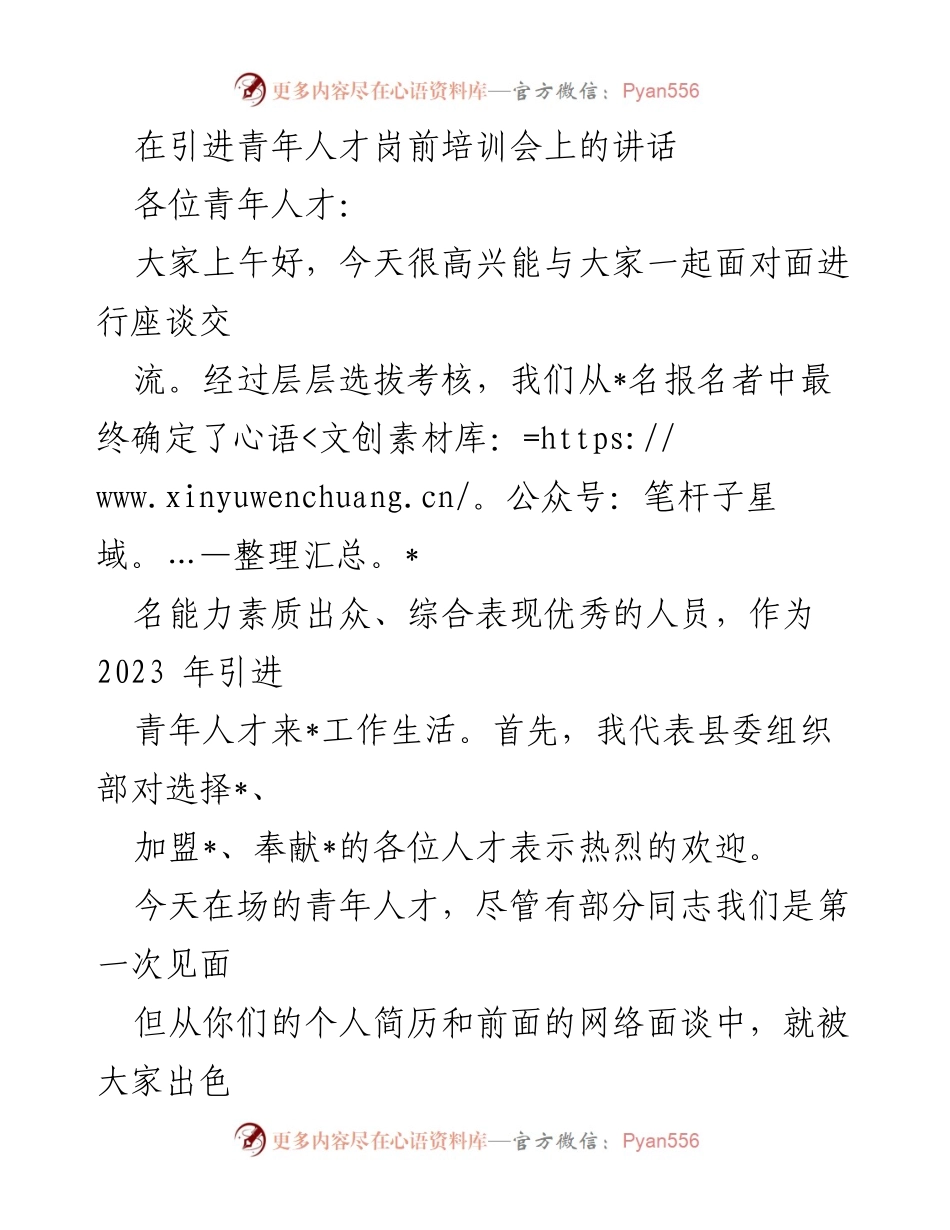 [发言] 岗前培训会 - 引进青年人才的热烈欢迎与发展愿景_1.docx_第1页