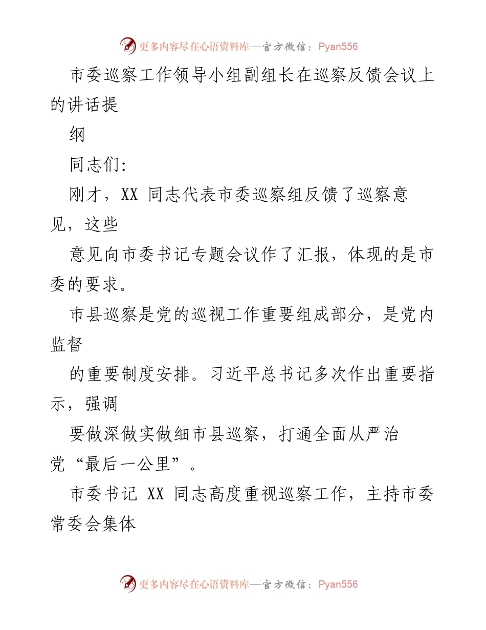 [发言] 巡察反馈会议 - 加强政治监督，落实巡察整改工作.docx_第1页