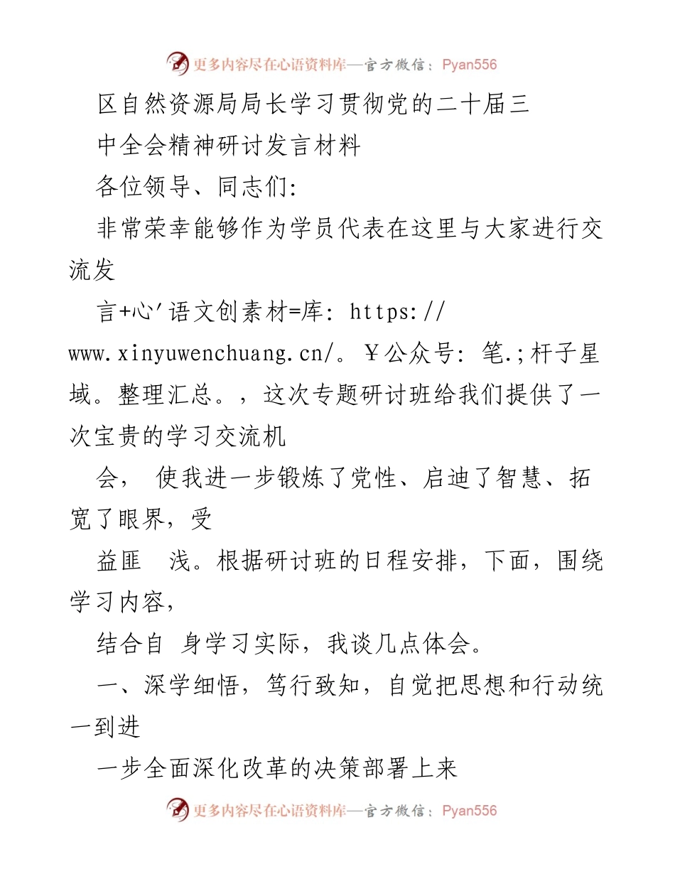 [发言] 学习研讨班 - 深刻领会党的二十届三中全会精神，推动自然资源保障新质生产力发展.docx_第1页