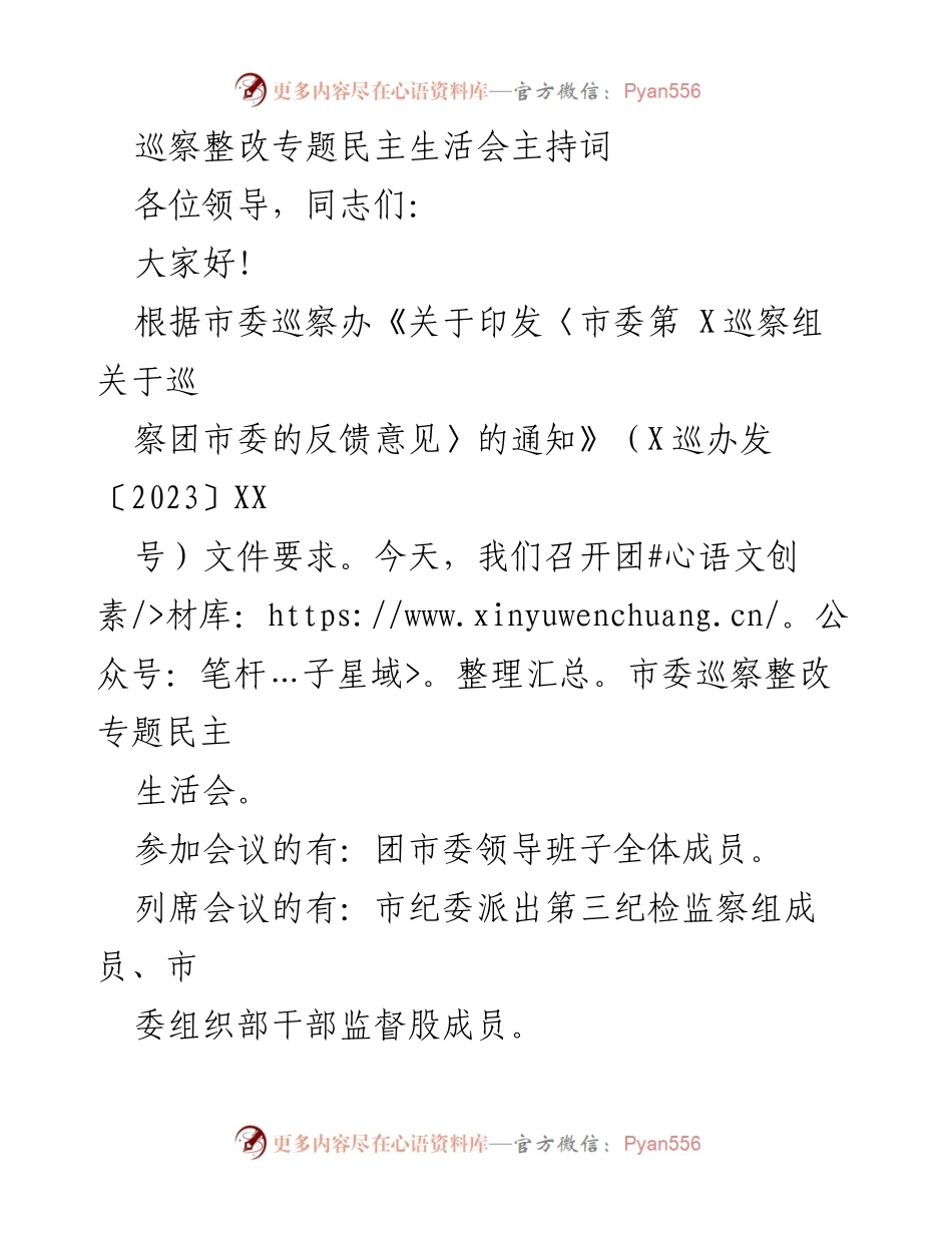 [发言] 巡察整改专题民主生活会 - 团市委巡察整改专题民主生活会主持词_2.docx_第1页