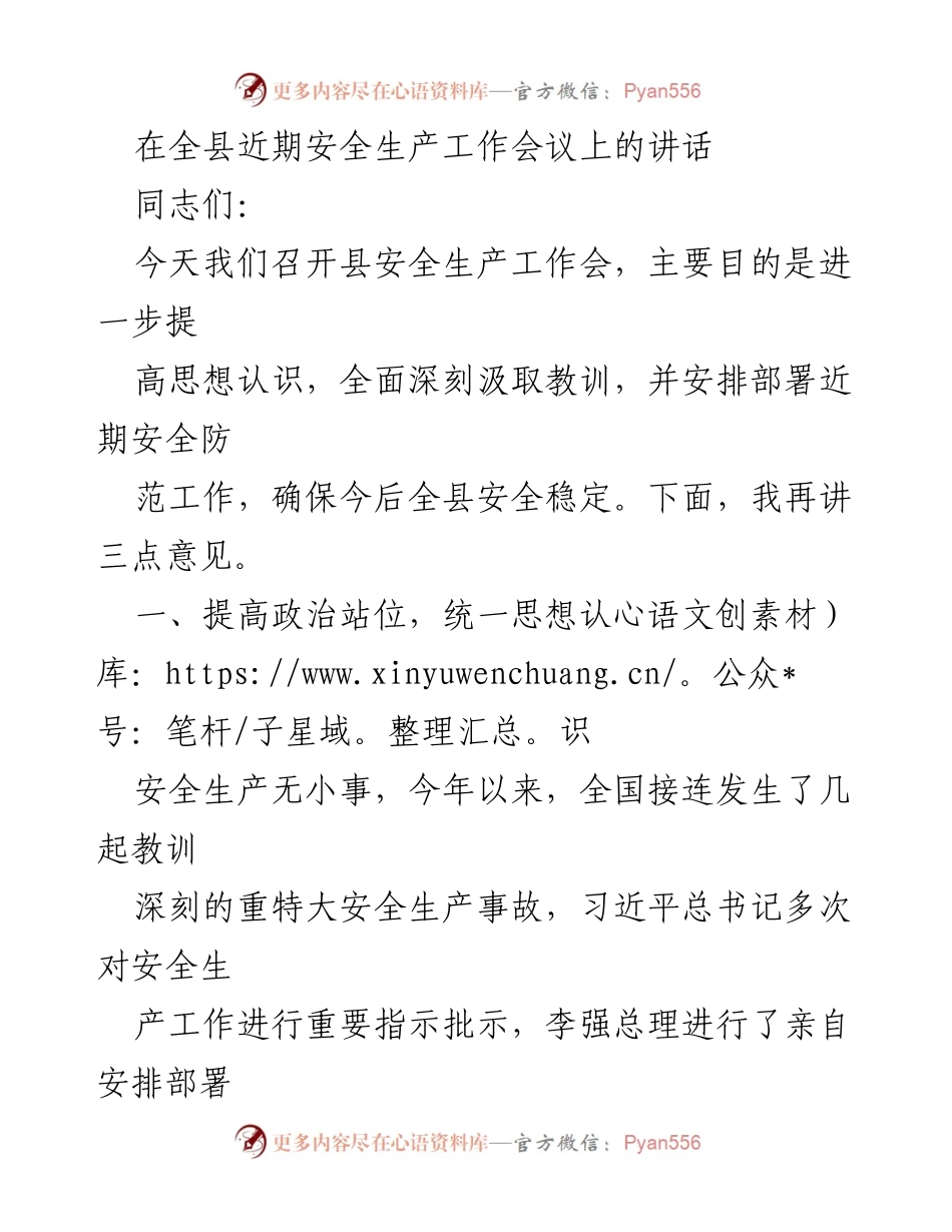 [发言] 安全生产工作会议 - 提高安全意识，全面排查隐患，确保安全稳定.docx_第1页