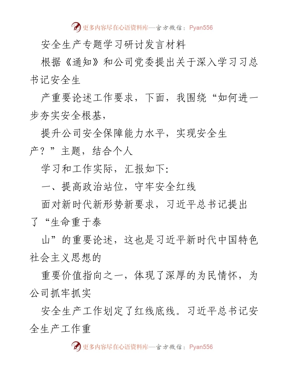 [发言] 安全生产专题学习研讨 - 深入学习习近平总书记安全生产重要论述，夯实安全根基，提升保障能力.docx_第1页