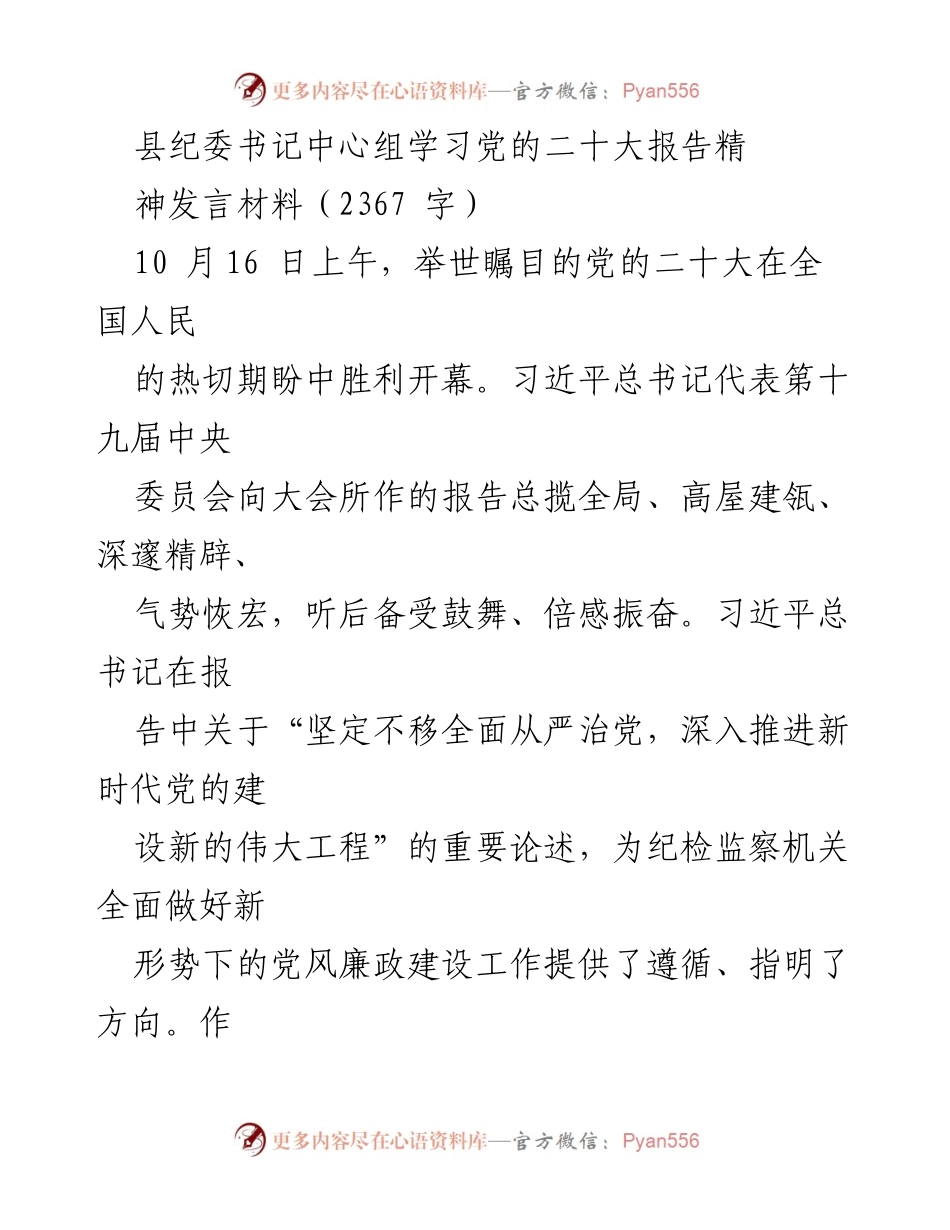 [发言] 学习贯彻党的二十大精神 - 坚定不移推动全面从严治党与政治监督.docx_第1页
