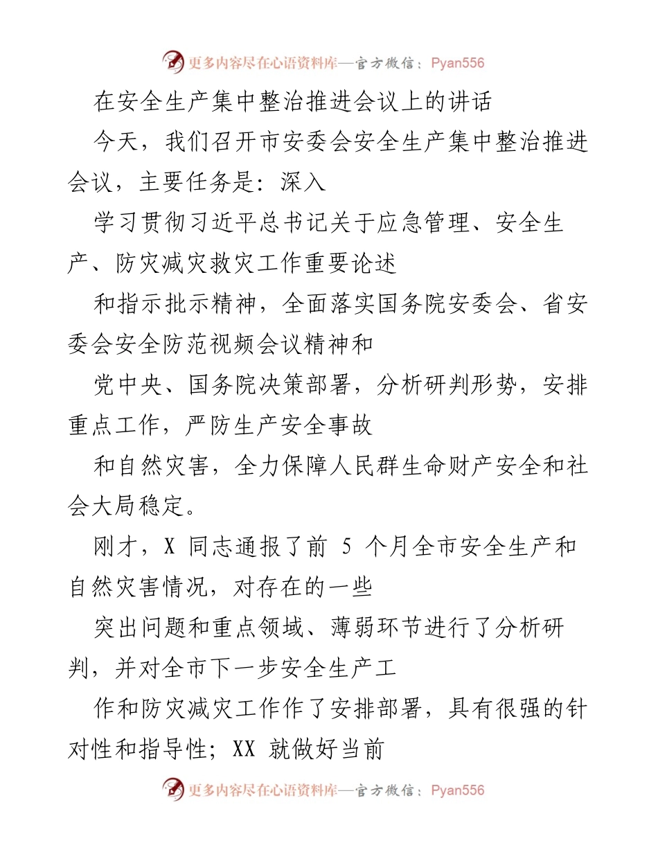 [发言] 安全生产集中整治推进会议 - 深入落实安全生产责任，确保人民生命财产安全.docx_第1页