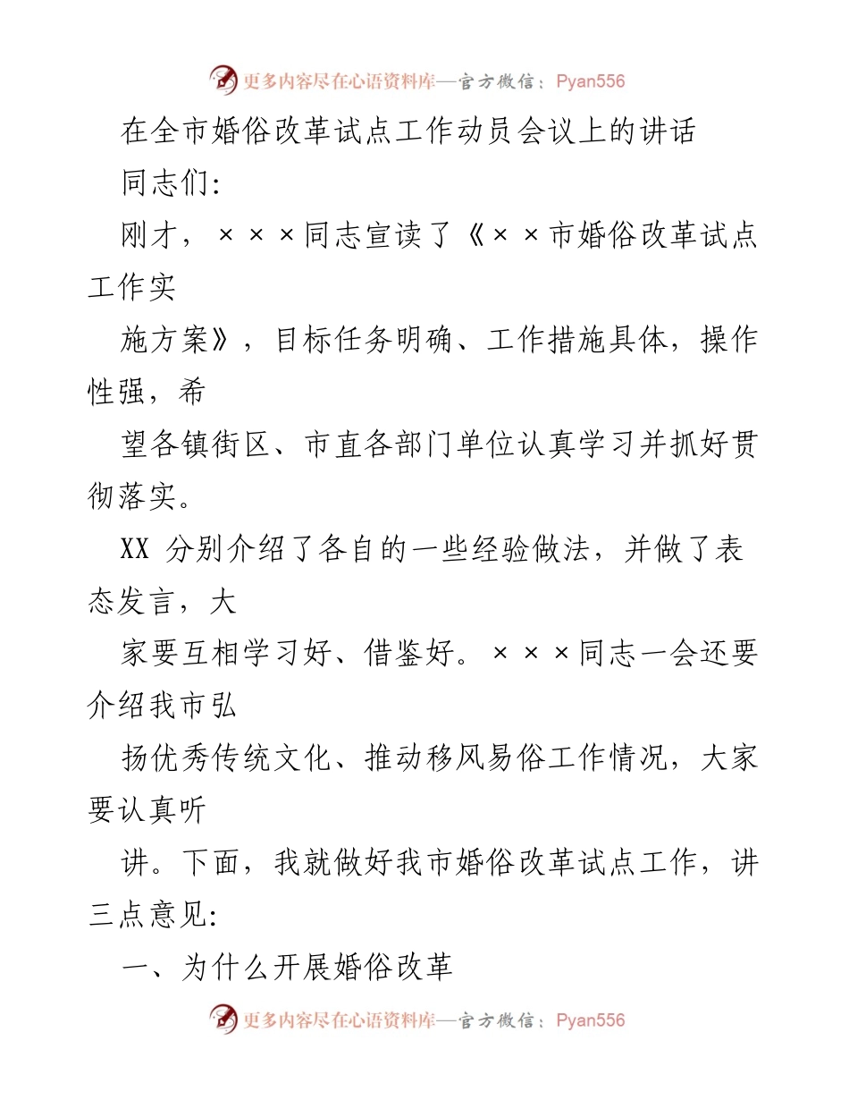 [发言] 婚俗改革试点工作动员会议 - 推动婚俗改革，促进家庭和谐与社会稳定.docx_第1页