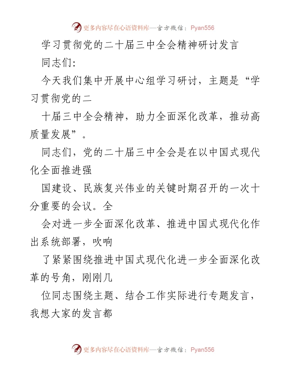 [发言] 学习研讨会 - 学习贯彻党的二十届三中全会精神，推动高质量发展.docx_第1页