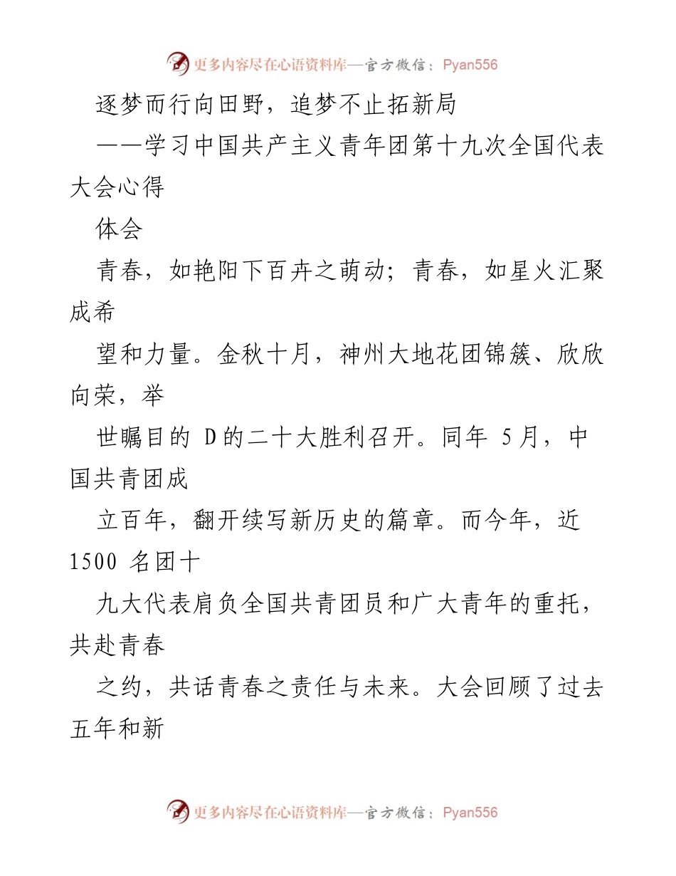 [发言] 学习交流 - 青春追梦，信仰引航：共青团十九大心得体会.docx_第1页