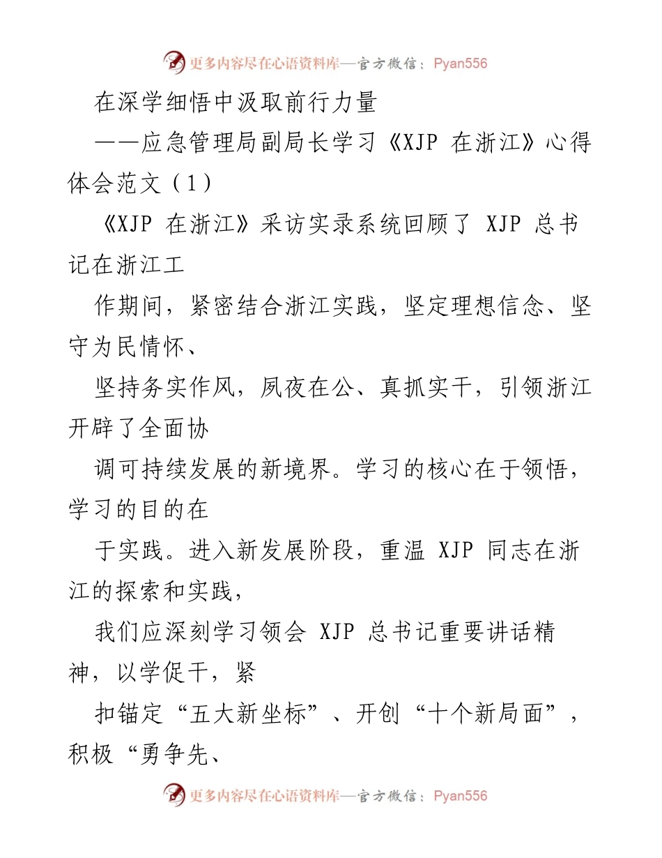 [发言] 学习交流 - 深学细悟，汲取前行力量：应急管理局副局长学习《XJP 在浙江》心得体会.docx_第1页