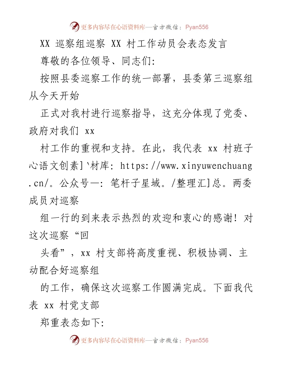 [发言] 巡察工作动员会 - XX村巡察工作表态发言.docx_第1页