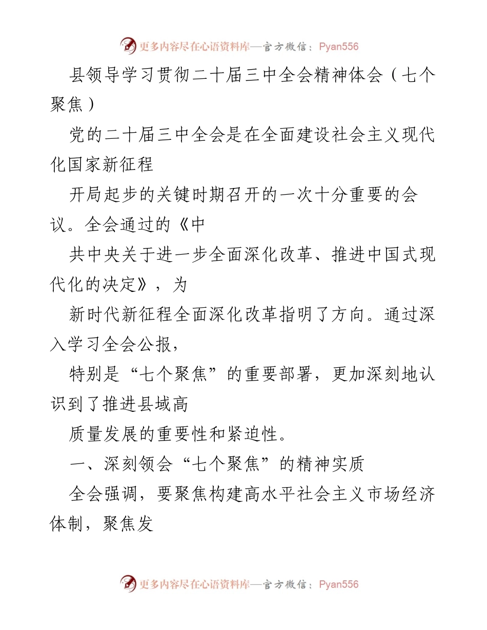 [发言] 学习贯彻二十届三中全会精神 - 深入理解“七个聚焦”推动县域高质量发展.docx_第1页