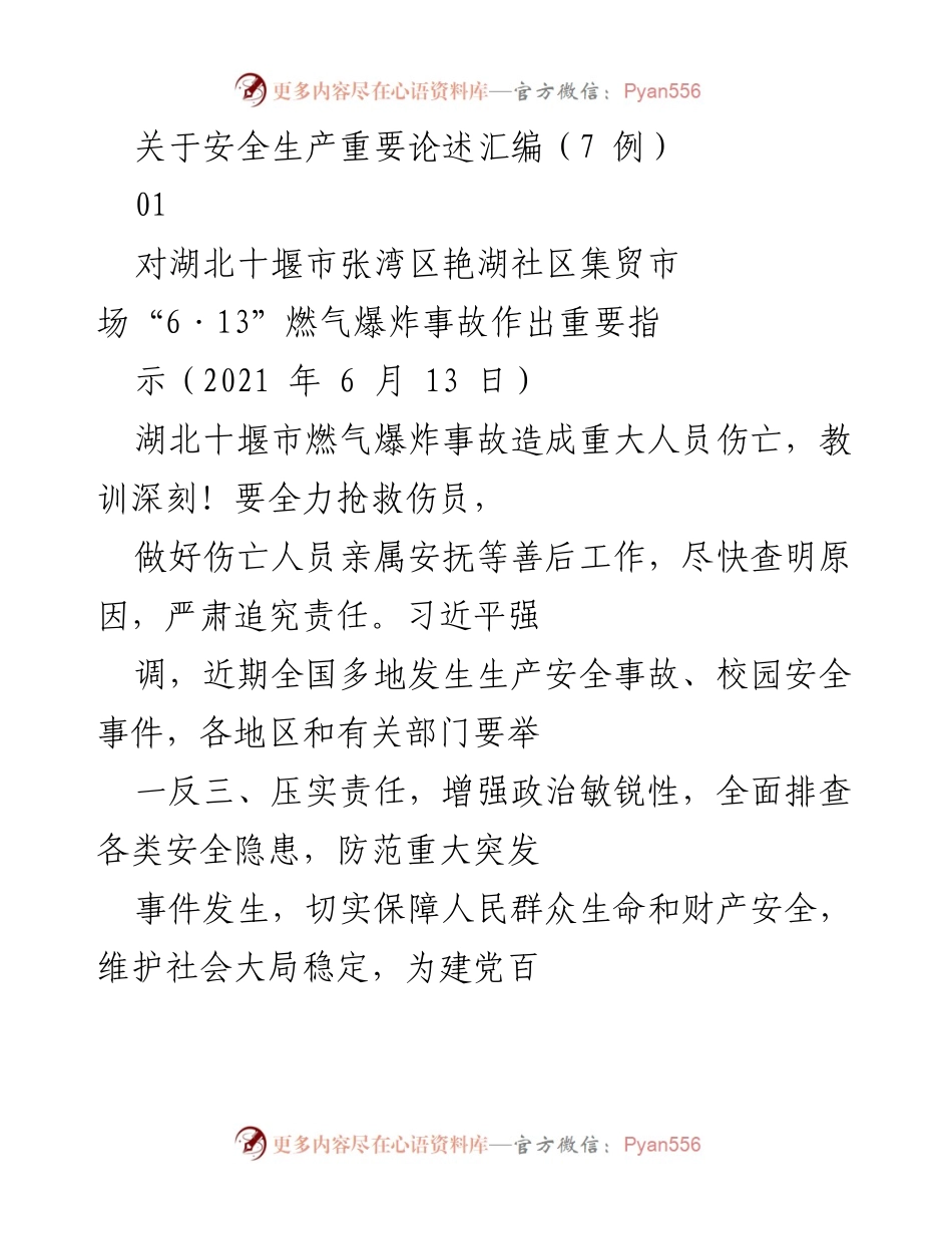 [发言] 安全生产重要论述 - 安全生产事故的重要指示与防范措施汇编.docx_第1页