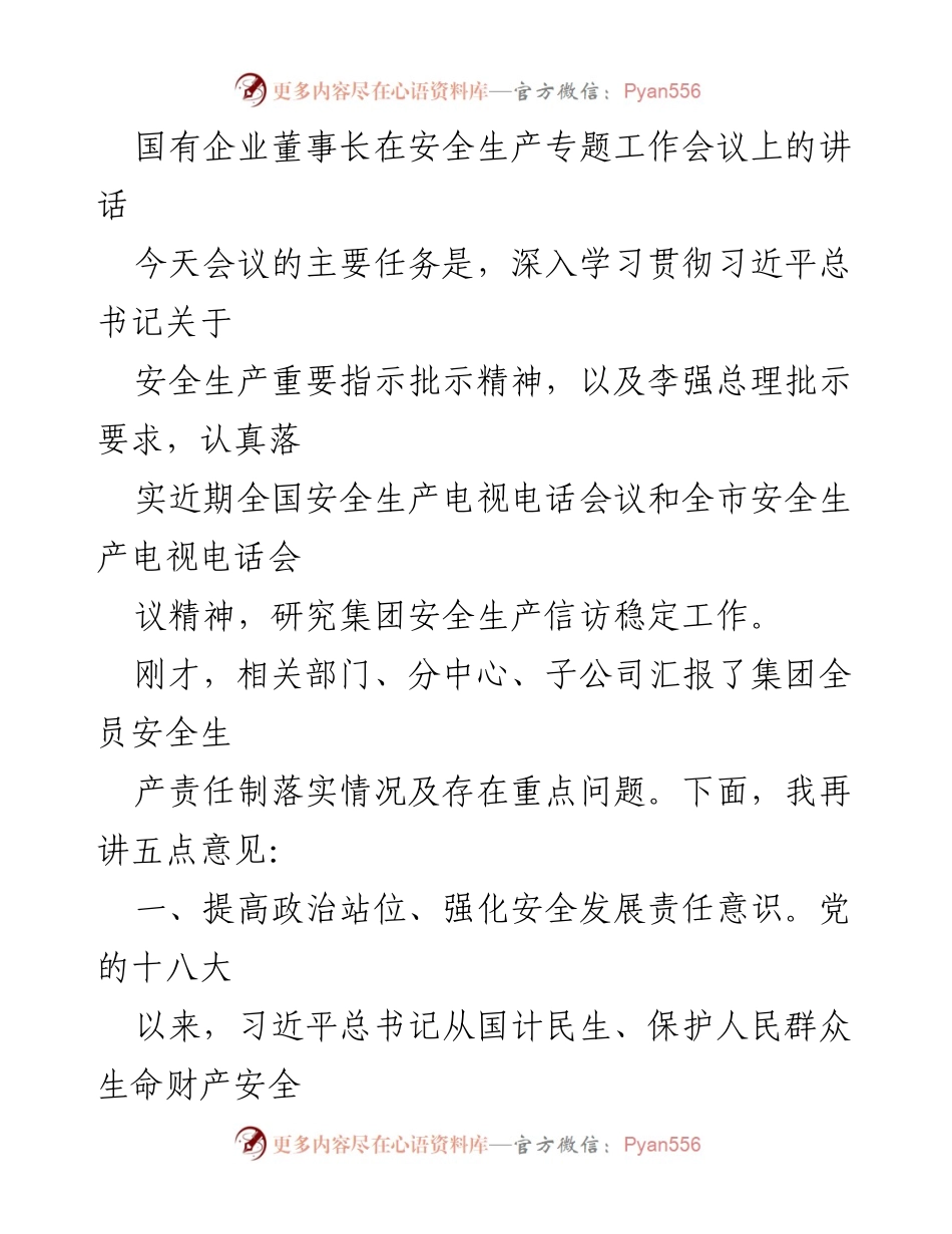 [发言] 安全生产专题工作会议 - 国有企业安全生产责任与风险防范讲话.docx_第1页