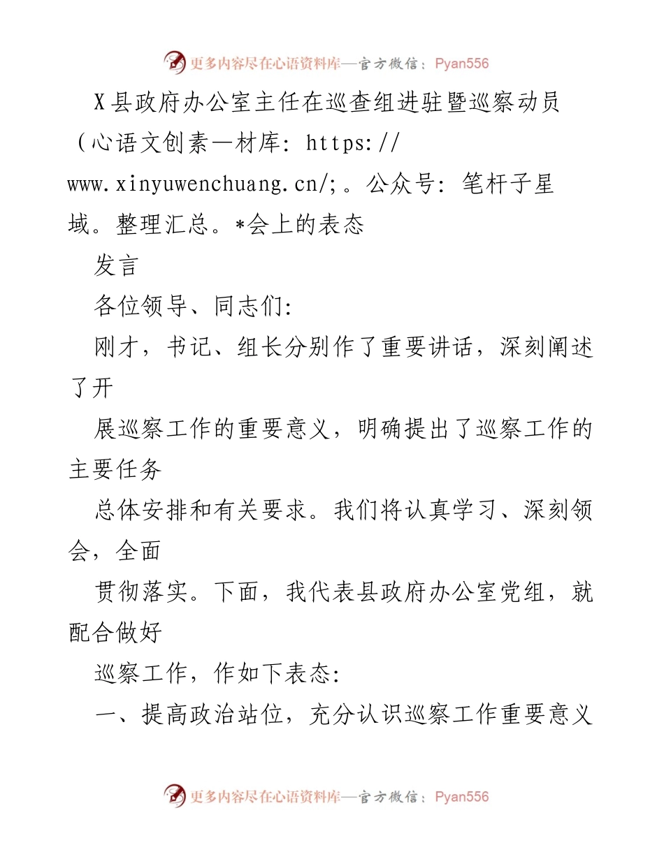 [发言] 巡察动员会 - 县政府办公室主任的巡察工作表态.docx_第1页