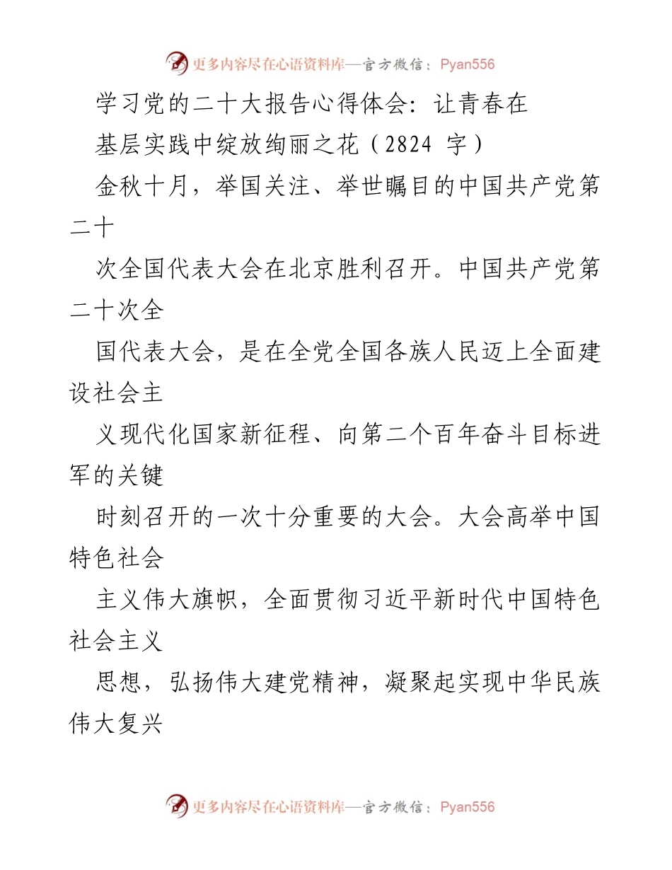 [发言] 学习交流会 - 青春绽放：深入学习党的二十大报告的心得体会.docx_第1页