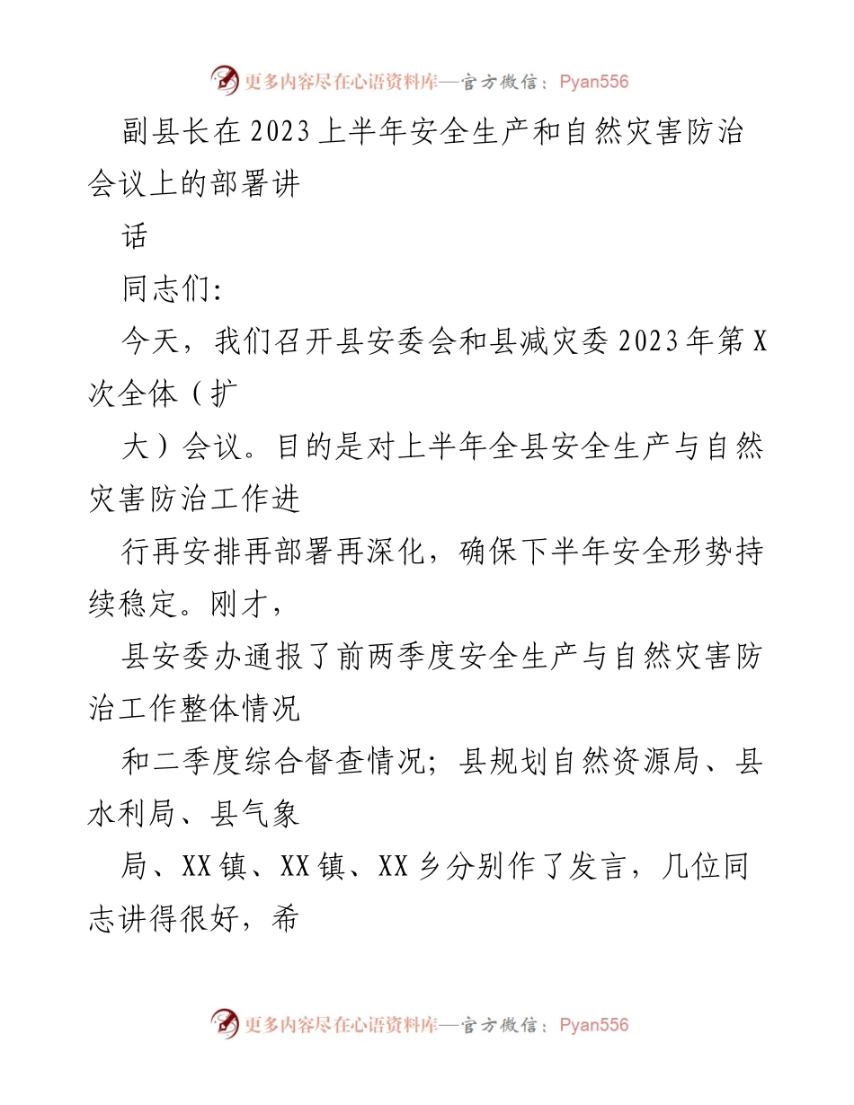 [发言] 安全生产与自然灾害防治会议 - 副县长在2023上半年安全生产与自然灾害防治工作部署讲话.docx_第1页