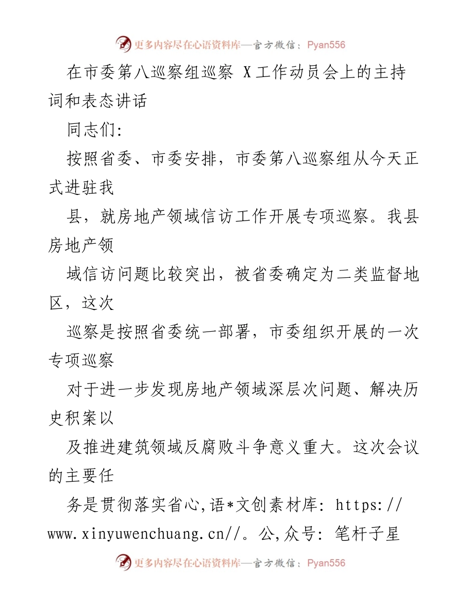 [发言] 巡察工作动员会 - 市委第八巡察组房地产领域专项巡察动员讲话.docx_第1页