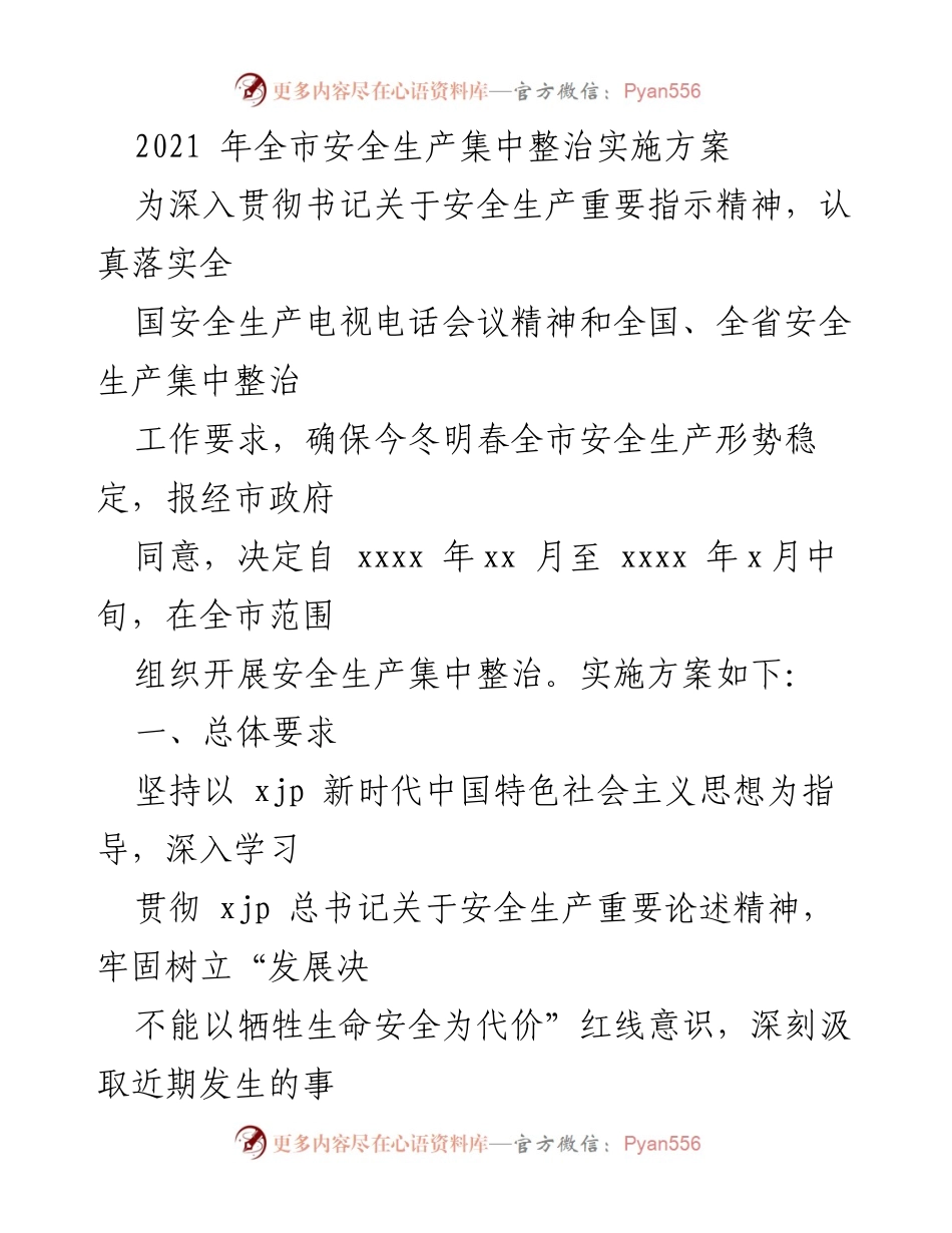 [发言] 安全生产工作会议 - 2021年全市安全生产集中整治实施方案解读.docx_第1页