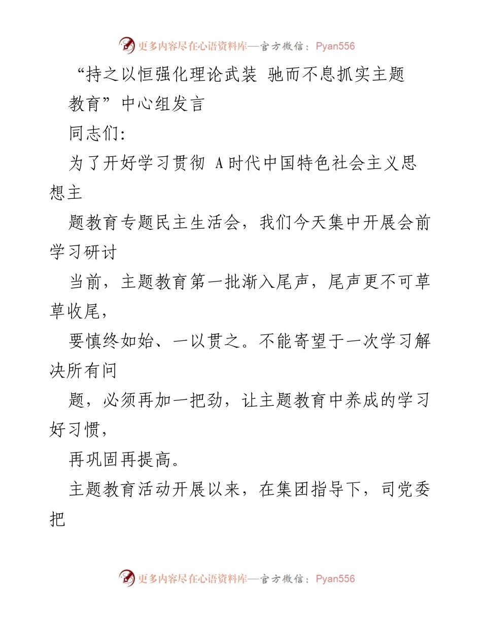 [发言] 学习贯彻 A时代中国特色社会主义思想主题教育专题民主生活会 - 持之以恒强化理论武装，推动主题教育深入开展.docx_第1页