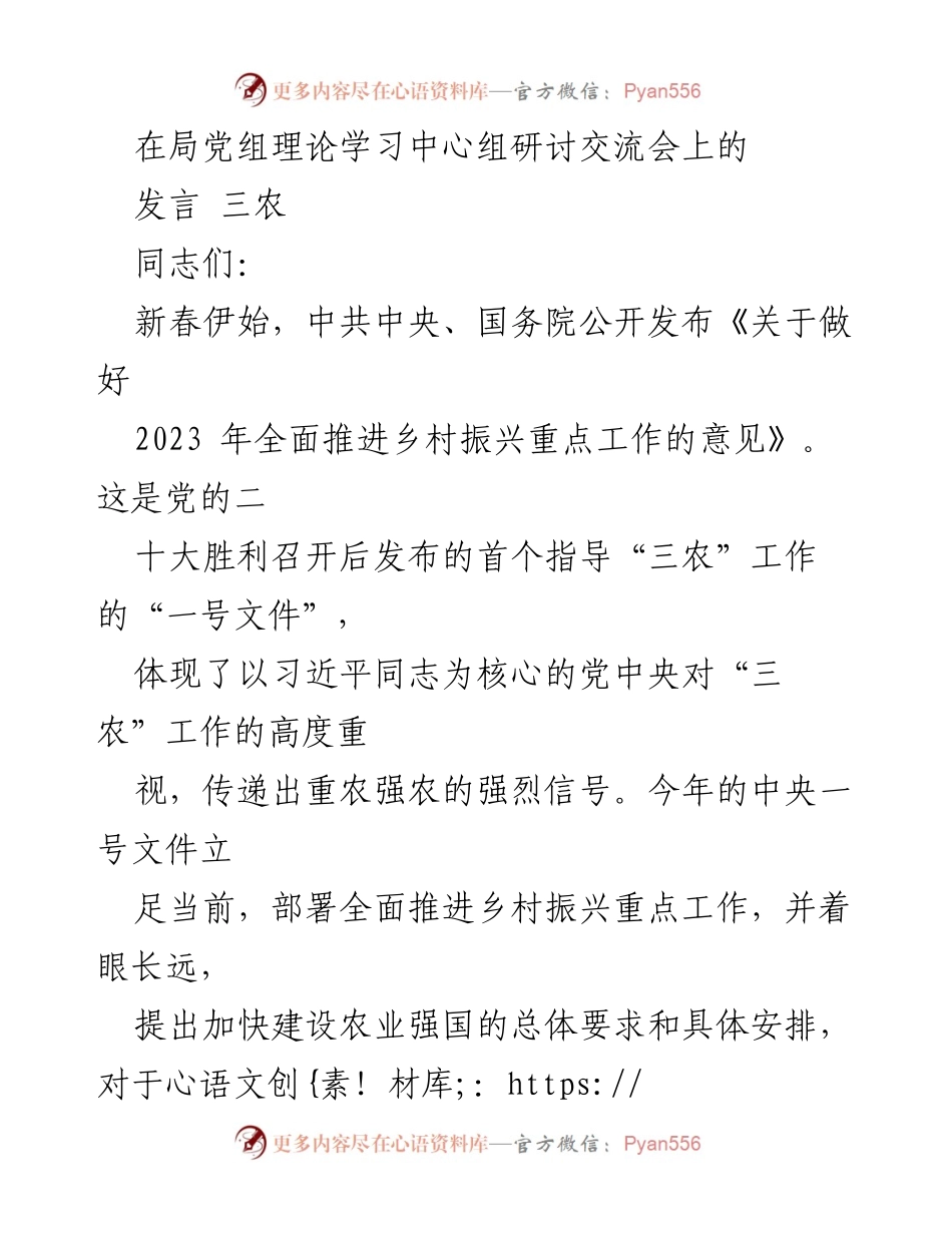 [发言] 局党组理论学习中心组研讨交流会 - 深入学习贯彻中央一号文件精神，推进乡村振兴与粮食安全.docx_第1页