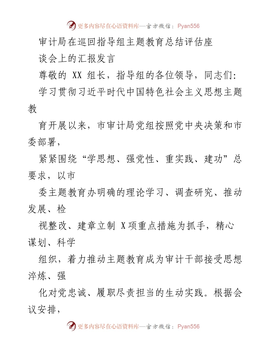 [发言] 巡回指导组主题教育总结评估座谈会 - 审计局主题教育工作进展汇报.docx_第1页
