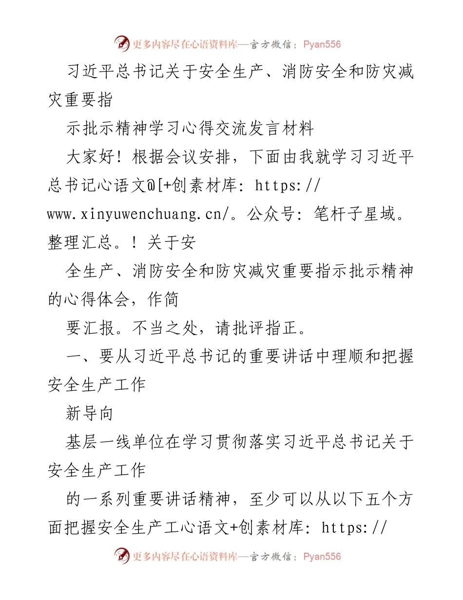 [发言] 学习交流会议 - 习近平总书记关于安全生产的重要指示精神学习心得分享.docx_第1页