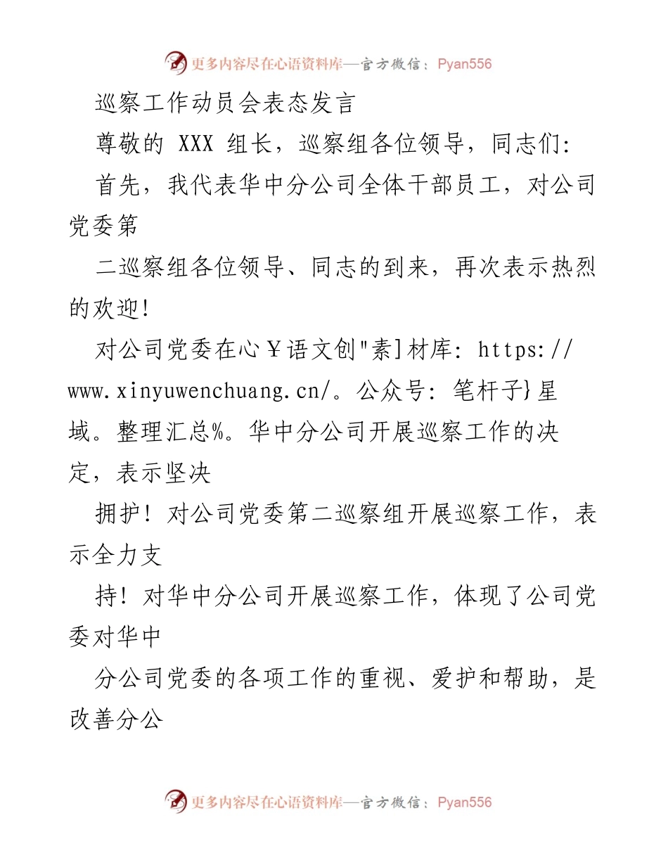[发言] 巡察工作动员会 - 全力支持巡察工作，确保顺利开展.docx_第1页