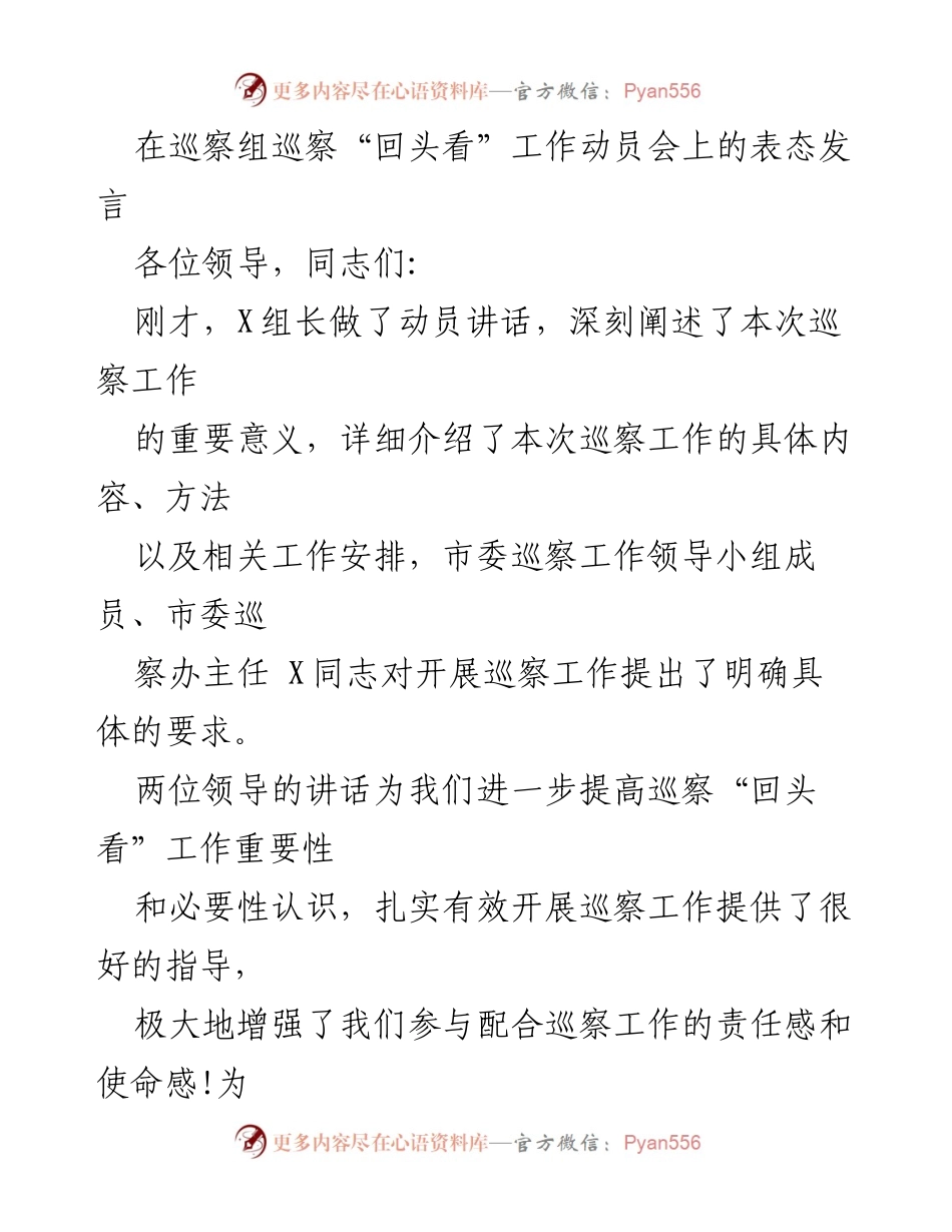 [发言] 巡察工作动员会 - 坚决支持巡察“回头看”工作，增强责任感与使命感_1.docx_第1页
