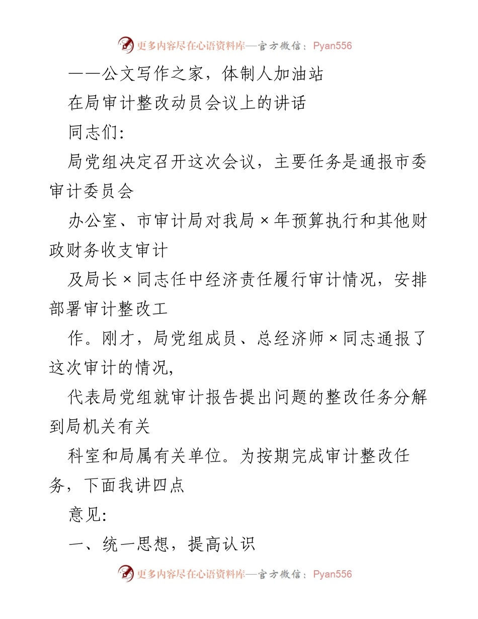 [发言] 局审计整改动员会议 - 强化审计整改意识，确保政府公信力.docx_第1页