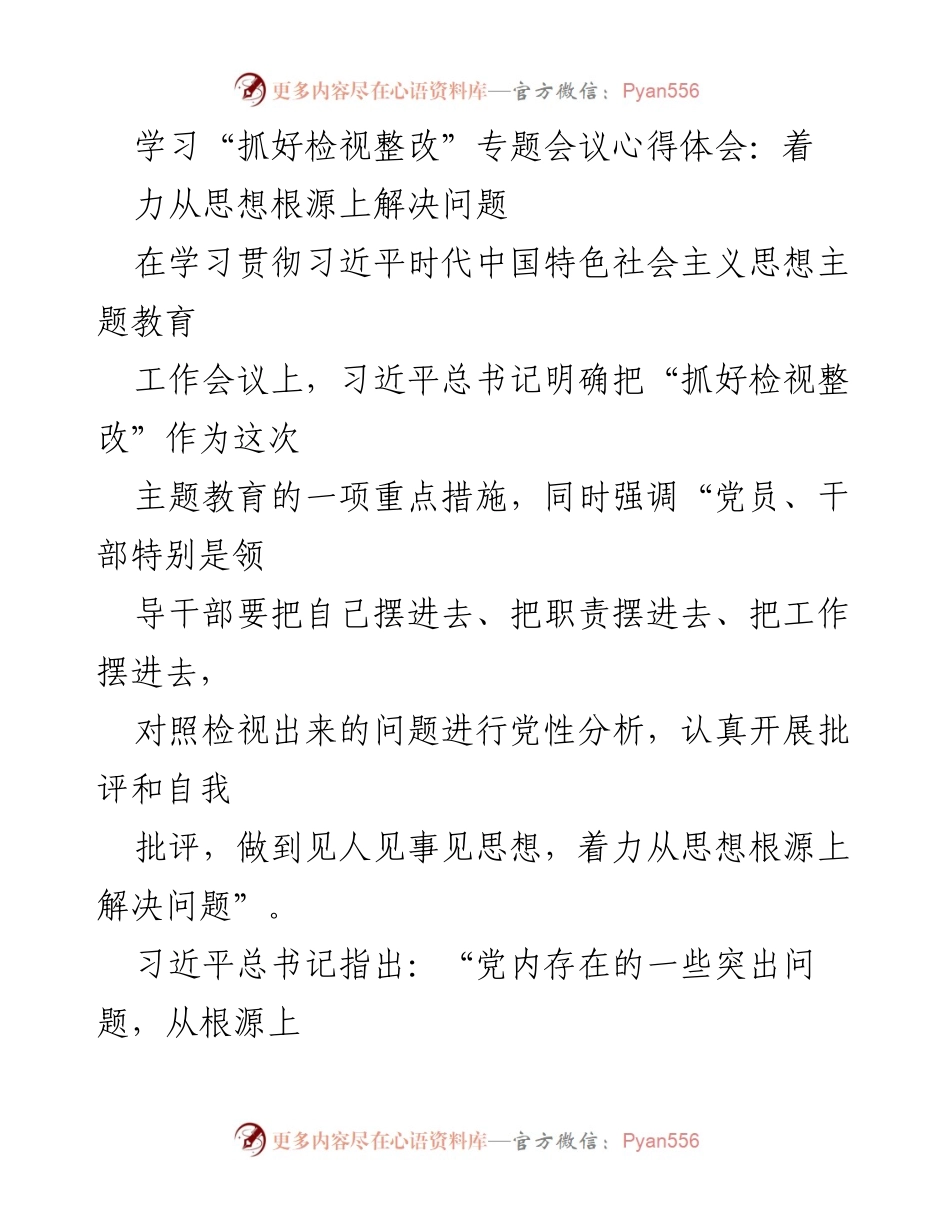 [发言] 学习会议 - 深入检视整改，强化思想根源问题的解决.docx_第1页