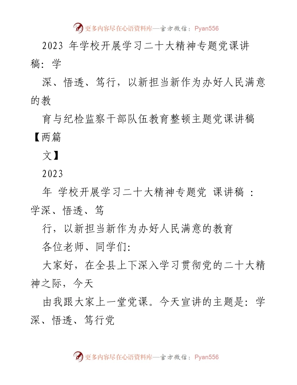 [发言] 学校党课 - 深入学习党的二十大精神，推动教育高质量发展.docx_第1页