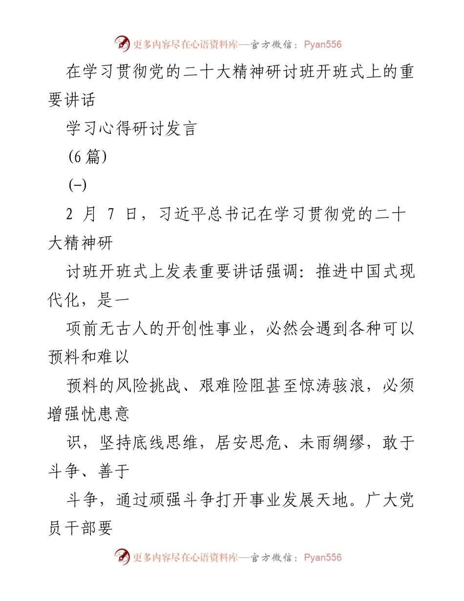[发言] 学习贯彻党的二十大精神研讨班开班式 - 加强忧患意识，推动中国式现代化的使命与责任.docx_第1页