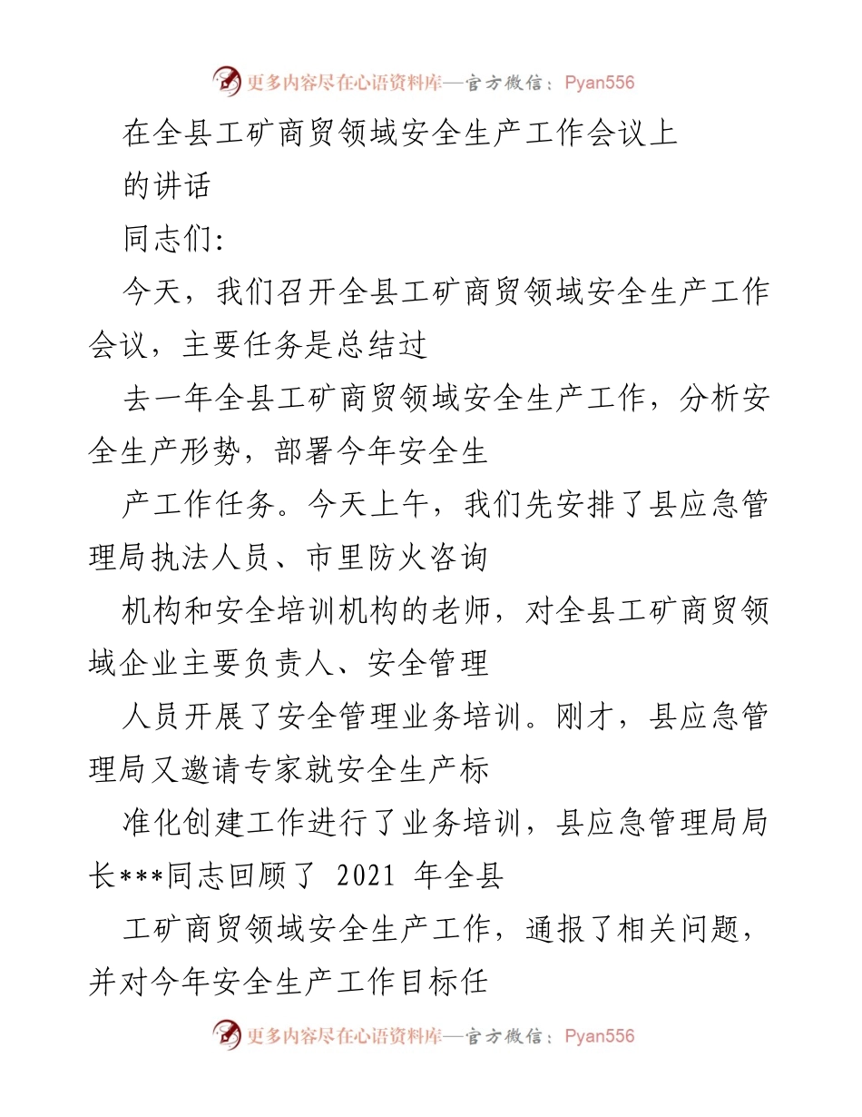 [发言] 安全生产工作会议 - 强化安全意识，确保工矿商贸领域安全生产.docx_第1页