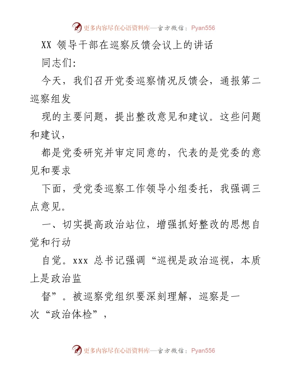 [发言] 巡察反馈会议 - 强调整改责任与政治自觉的重要性.docx_第1页