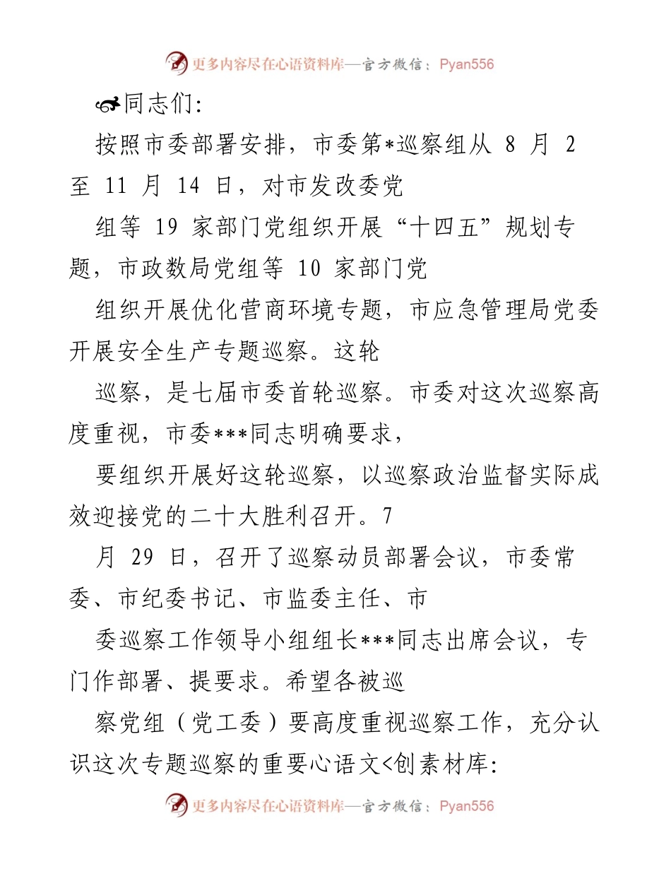 [发言] 巡察动员部署会议 - 关于开展市委巡察工作的指导意见.docx_第1页