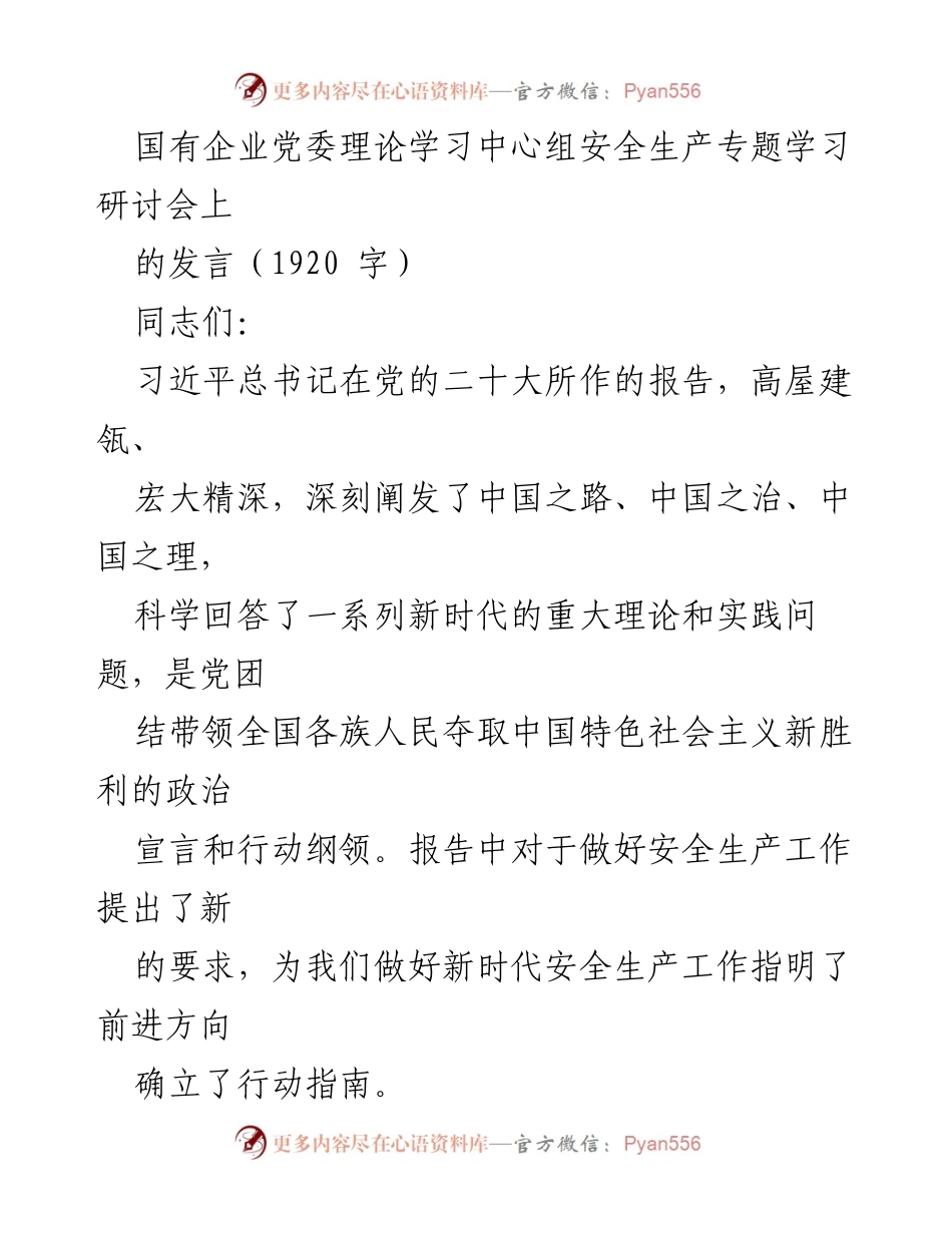 [发言] 安全生产专题学习研讨会 - 深入学习贯彻党的二十大精神，推动安全生产工作落实_1.docx_第1页