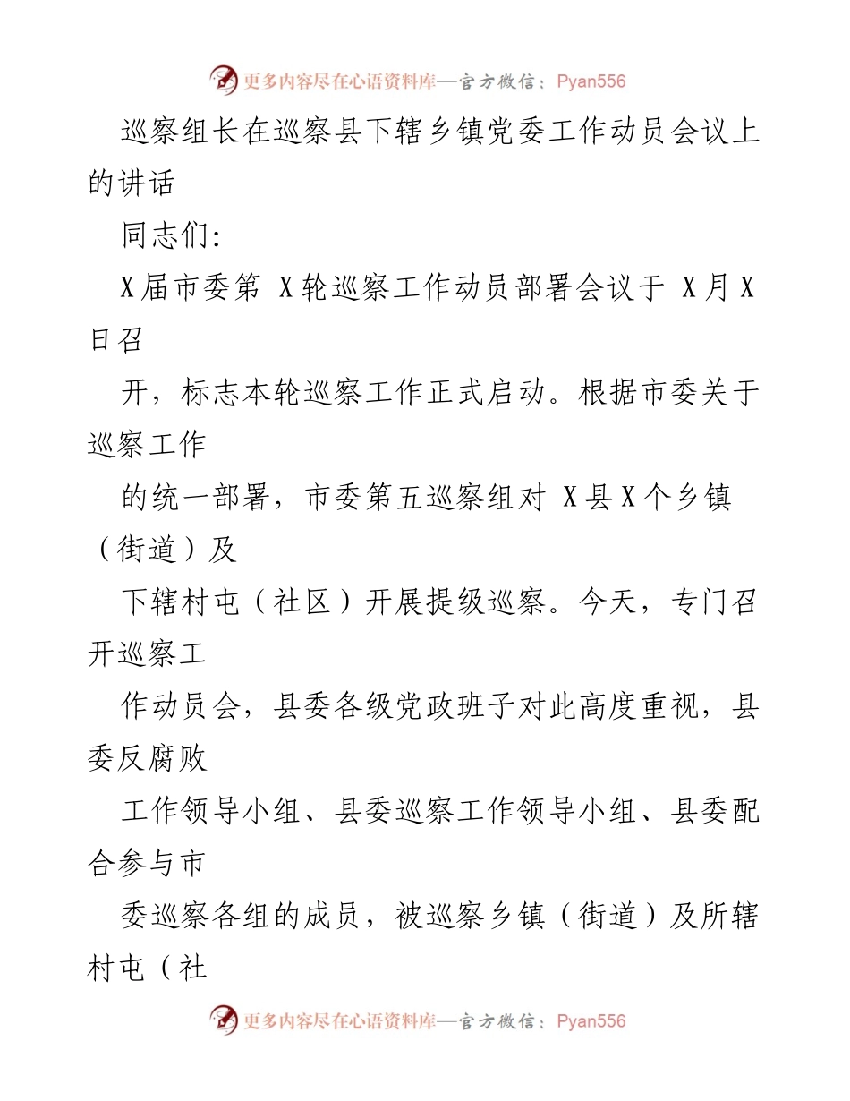 [发言] 巡察工作动员会议 - 巡察工作的重要性与责任.docx_第1页