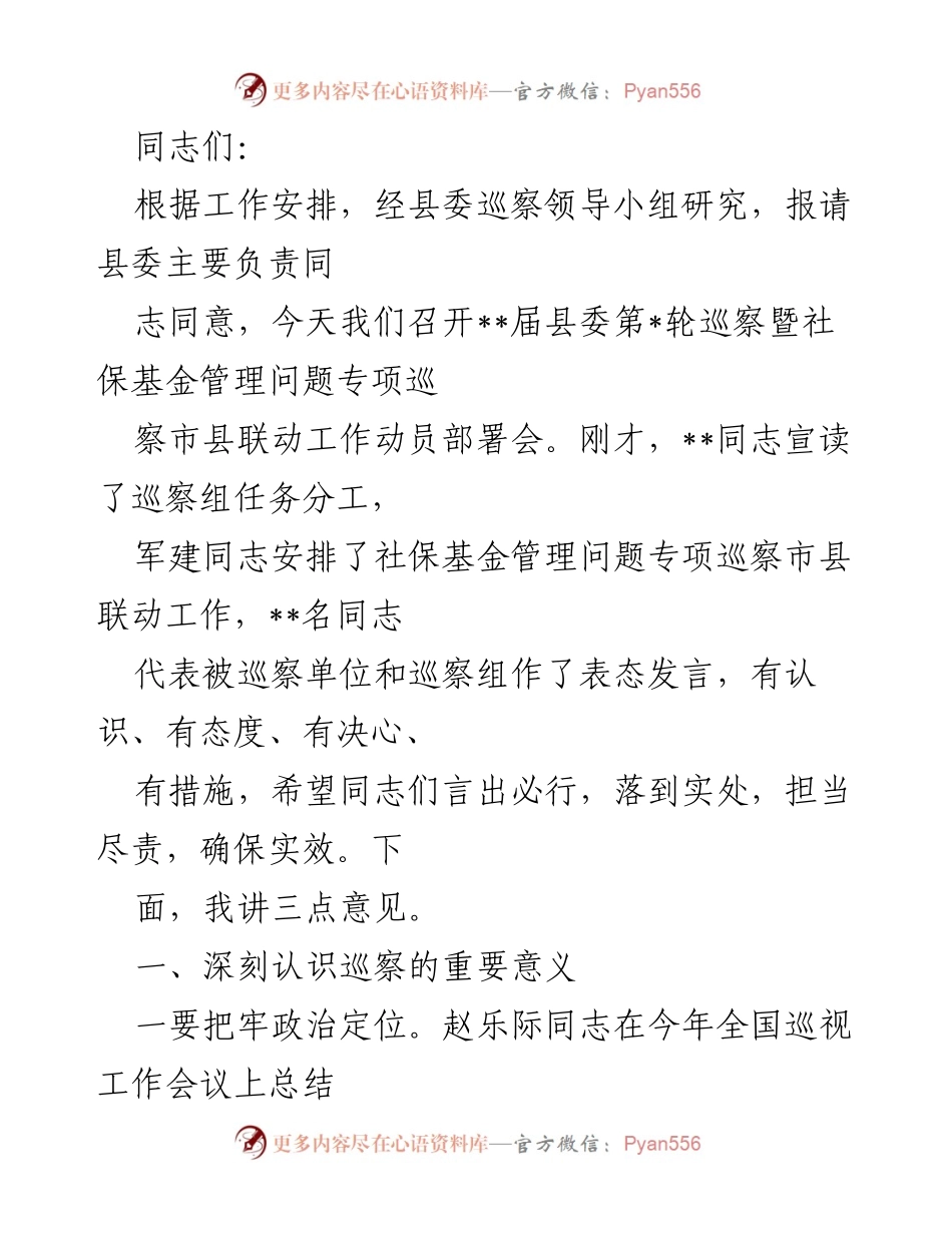 [发言] 巡察动员会 - 深刻认识巡察的重要意义与实践路径.docx_第1页