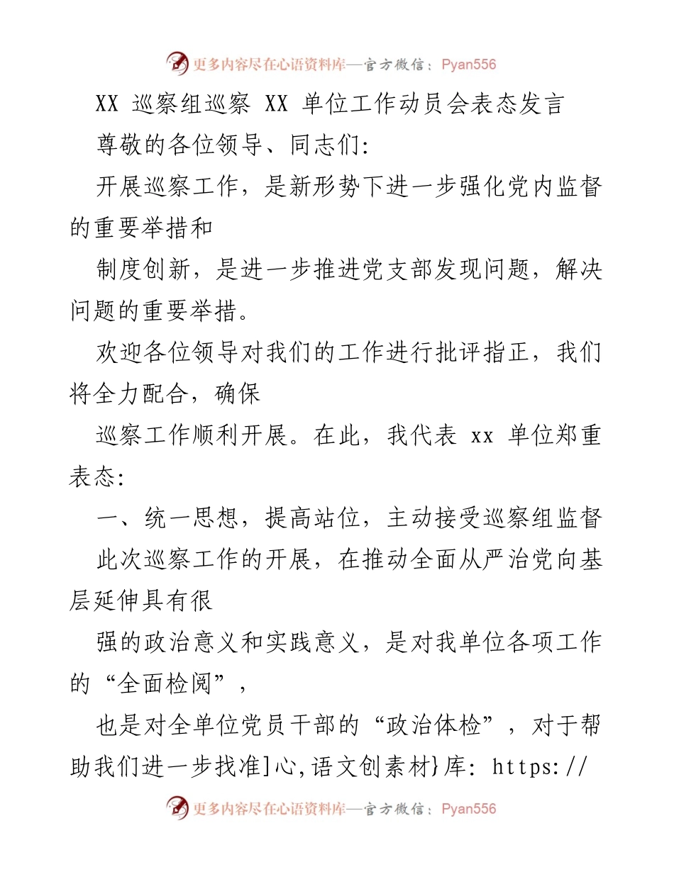 [发言] 巡察工作动员会 - 坚决支持巡察工作，全面提升党内监督效能.docx_第1页