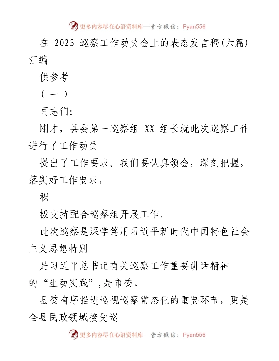 [发言] 巡察工作动员会 - 强化政治意识，支持巡察工作的重要性表态.docx_第1页