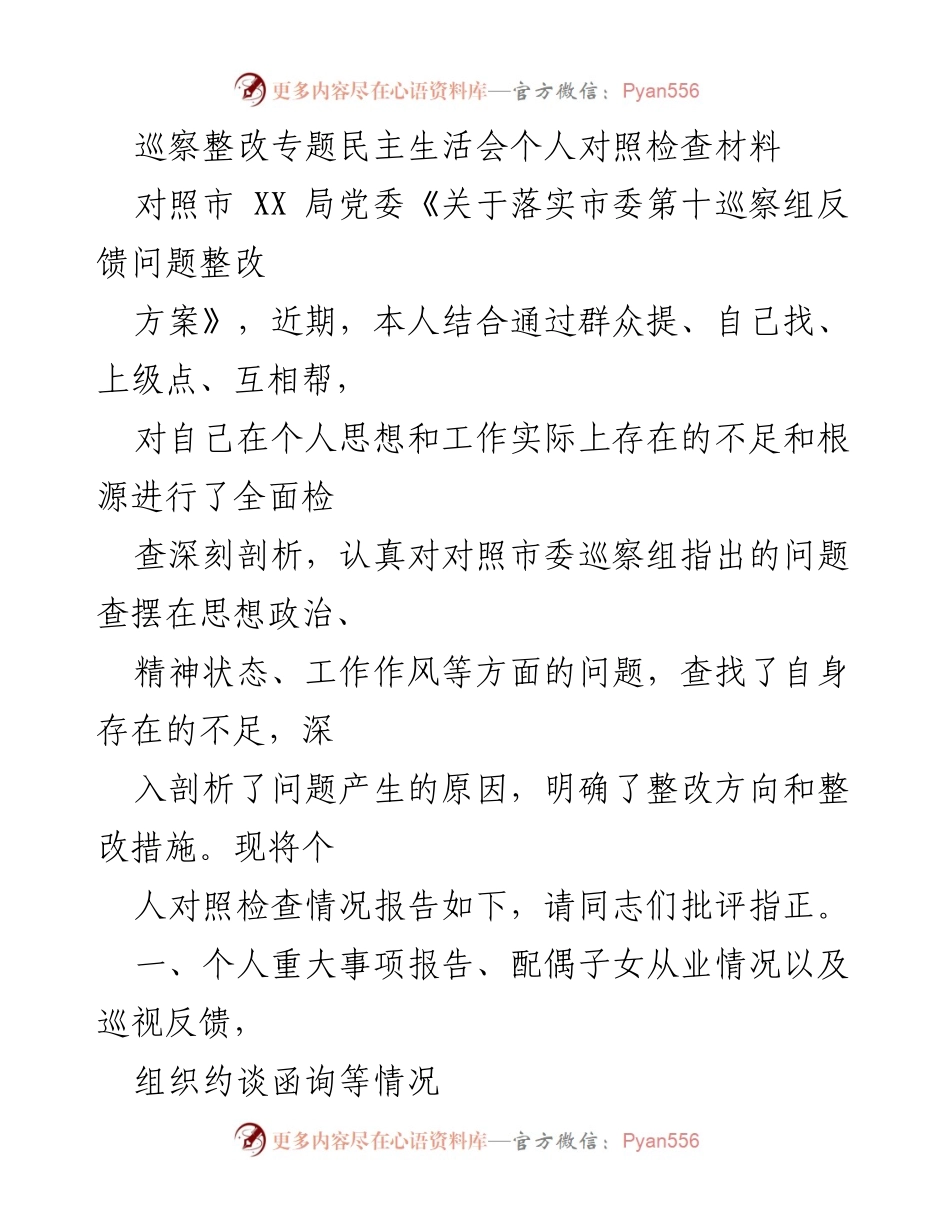 [发言] 巡察整改专题民主生活会 - 个人对照检查及整改措施报告.docx_第1页