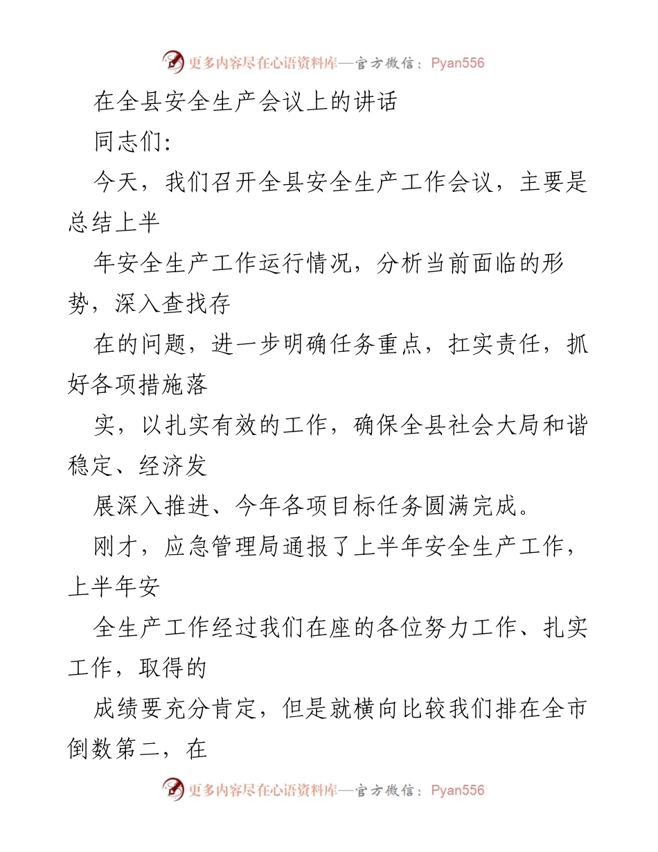 [发言] 安全生产工作会议 - 全县安全生产工作形势分析与责任落实讲话.docx_第1页