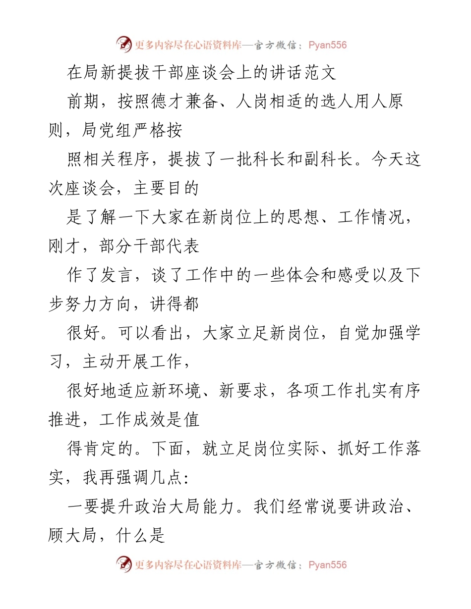 [发言] 局新提拔干部座谈会 - 提升新任干部能力的讲话要点.docx_第1页