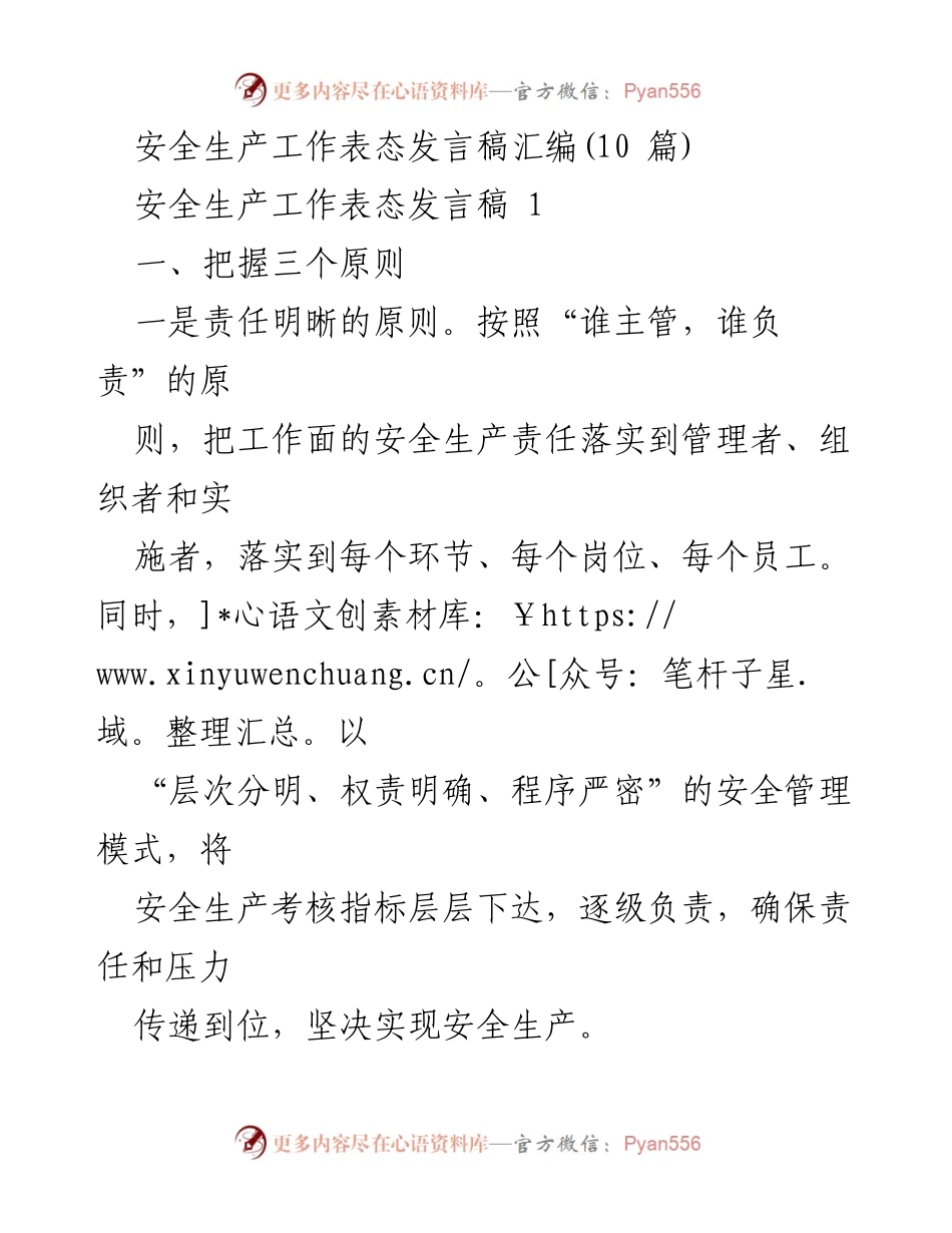 [发言] 安全生产工作会议 - 安全生产责任与管理原则表态发言_1.docx_第1页